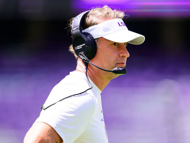 BATON ROUGE, LOUISIANA - APRIL 11: Head coach Lane Kiffin of the LSU Tigers in action during spring practice at Tiger Stadium on April 11, 2026 in Baton Rouge, Louisiana. (Photo by Ella Hall/University Images via Getty Images}