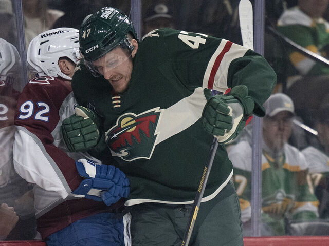 ST PAUL, MINNESOTA - MAY 9: Center Michael McCarron (47) of the Minnesota Wild checks left wing Gabriel Landeskog (92) of the Colorado Avalanche during the first period of Game 3 of the second round of the Stanley Cup Playoffs on Saturday, May 9, 2026, at Grand Casino Arena in St. Paul, Minn.
