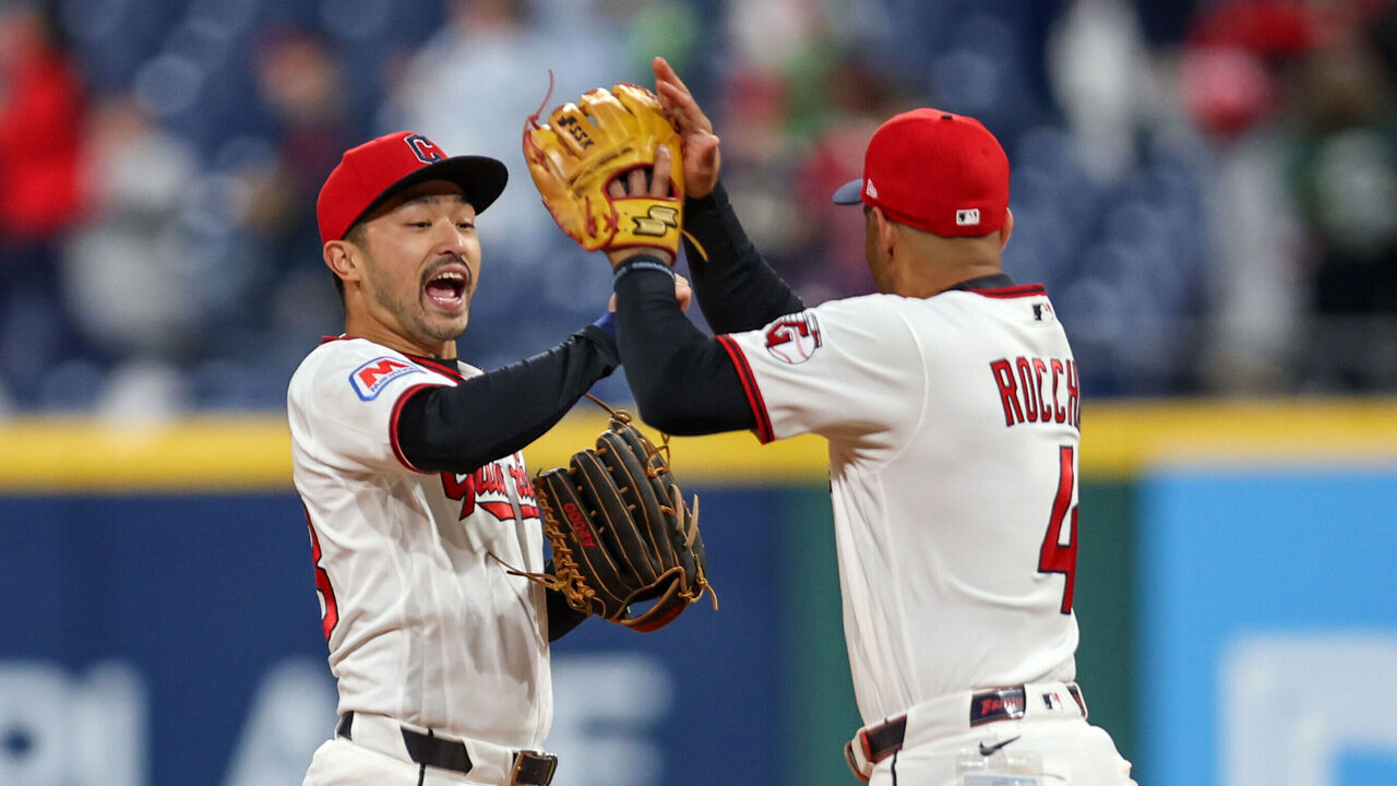 CLEVELAND, OH - MAY 11: Cleveland Guardians left fielder Steven Kwan (38) and Cleveland Guardians shortstop Brayan Rocchio (4) celebrate following the Major League Baseball game between the Los Angeles Angels and Cleveland Guardians on May 11, 2026, at Progressive Field in Cleveland, OH.