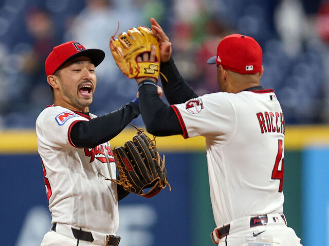 CLEVELAND, OH - MAY 11: Cleveland Guardians left fielder Steven Kwan (38) and Cleveland Guardians shortstop Brayan Rocchio (4) celebrate following the Major League Baseball game between the Los Angeles Angels and Cleveland Guardians on May 11, 2026, at Progressive Field in Cleveland, OH.