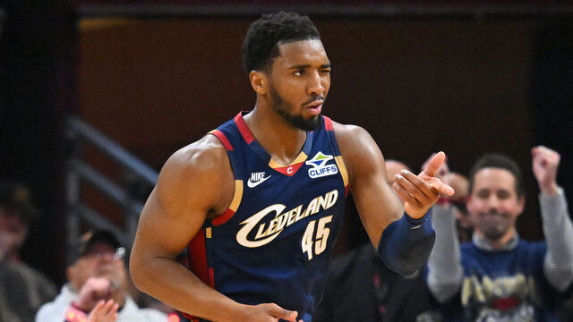 CLEVELAND, OHIO - MAY 11: Donovan Mitchell #45 of the Cleveland Cavaliers celebrates after scoring a basket against the Detroit Pistons during the second quarter in Game Four of the Second Round of the NBA Eastern Conference Playoffs at Rocket Arena on May 11, 2026 in Cleveland, Ohio.