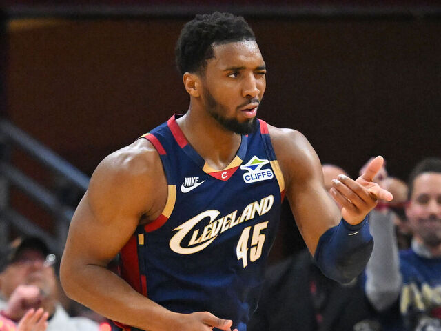 CLEVELAND, OHIO - MAY 11: Donovan Mitchell #45 of the Cleveland Cavaliers celebrates after scoring a basket against the Detroit Pistons during the second quarter in Game Four of the Second Round of the NBA Eastern Conference Playoffs at Rocket Arena on May 11, 2026 in Cleveland, Ohio.