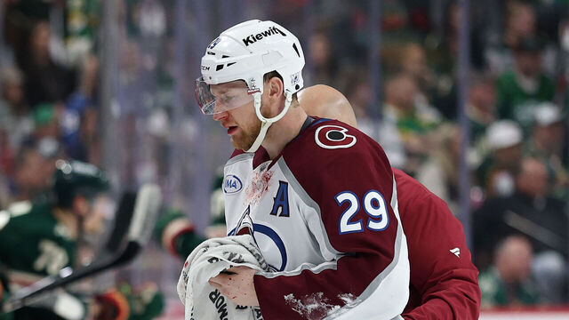 ST PAUL, MINNESOTA - MAY 11: Nathan MacKinnon #29 of the Colorado Avalanche leaves the ice after a play against the Minnesota Wild during the second period in Game Four of the Second Round of the 2026 Stanley Cup Playoffs at Grand Casino Arena on May 11, 2026 in St Paul, Minnesota.