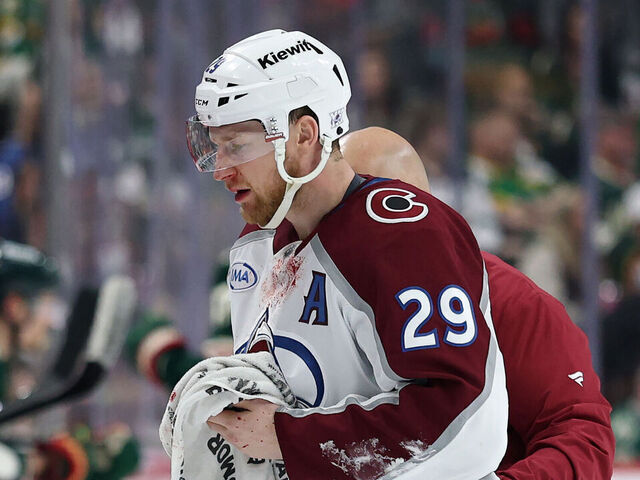 ST PAUL, MINNESOTA - MAY 11: Nathan MacKinnon #29 of the Colorado Avalanche leaves the ice after a play against the Minnesota Wild during the second period in Game Four of the Second Round of the 2026 Stanley Cup Playoffs at Grand Casino Arena on May 11, 2026 in St Paul, Minnesota.