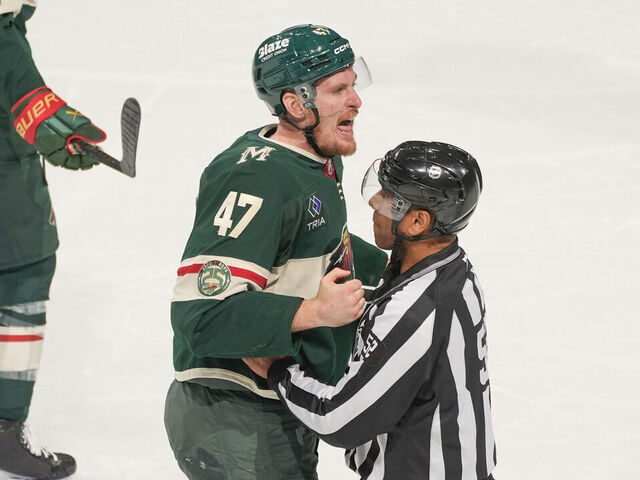 SAINT PAUL, MN - MAY 11: Michael McCarron #47 of the Minnesota Wild reacts after being hit with a butt-end by Josh Manson #42 of the Colorado Avalanche in Game Four of the Second Round of the 2026 Stanley Cup Playoffs at Grand Casino Arena on May 11, 2026 in Saint Paul, Minnesota.