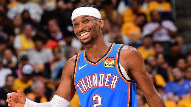 LOS ANGELES, CA - MAY 11: Shai Gilgeous-Alexander #2 of the Oklahoma City Thunder smiles during the game against the Los Angeles Lakers during Round Two Game Four of the 2026 NBA Playoffs on May 11, 2026 at Crypto.Com Arena in Los Angeles, California. NOTE TO USER: User expressly acknowledges and agrees that, by downloading and/or using this Photograph, user is consenting to the terms and conditions of the Getty Images License Agreement. Mandatory Copyright Notice: Copyright 2026 NBAE