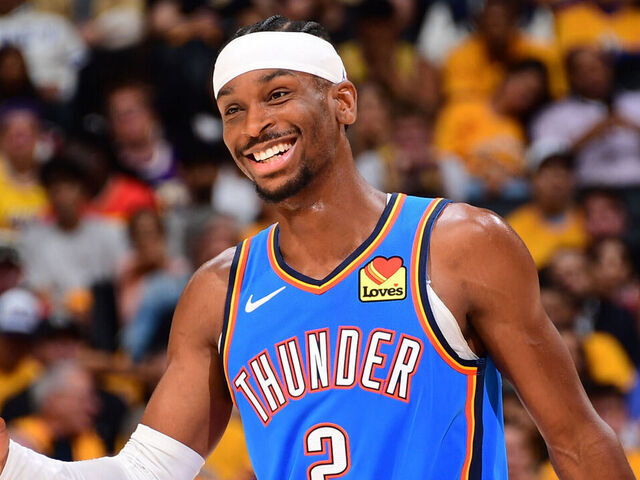 LOS ANGELES, CA - MAY 11: Shai Gilgeous-Alexander #2 of the Oklahoma City Thunder smiles during the game against the Los Angeles Lakers during Round Two Game Four of the 2026 NBA Playoffs on May 11, 2026 at Crypto.Com Arena in Los Angeles, California. NOTE TO USER: User expressly acknowledges and agrees that, by downloading and/or using this Photograph, user is consenting to the terms and conditions of the Getty Images License Agreement. Mandatory Copyright Notice: Copyright 2026 NBAE
