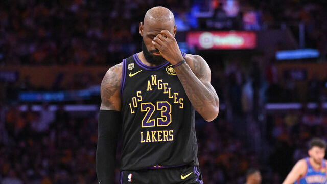 Los Angeles, CA - May 11:Lakers LeBron James (23) reacts to a Laker turnover during second quarter action in game 4 of the NBA West semifinals at Crypto.com Arena on Monday, May 11, 2026.