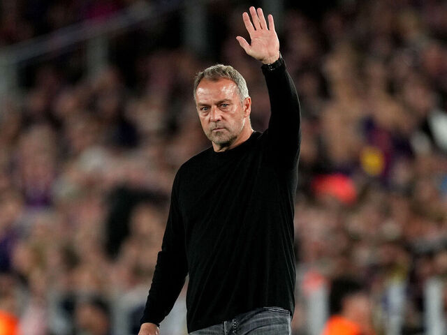 BARCELONA, SPAIN - MAY 10: Hansi Flick, Head Coach of FC Barcelona, acknowledges the fans during the LaLiga EA Sports match between FC Barcelona and Real Madrid CF at Spotify Camp Nou on May 10, 2026 in Barcelona, Spain.