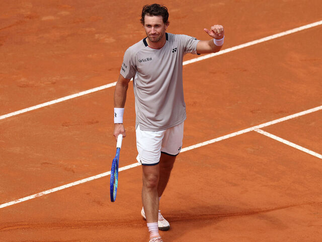 ROME, ITALY - MAY 12: Casper Ruud of Norway celebrates winning match point against Lorenzo Musetti of Italy in their Round of 16 match on day Eight of the Internazionali BNL D'Italia 2026 at Foro Italico on May 12, 2026 in Rome, Italy.