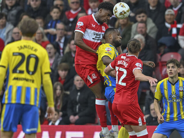 Adilson Malanda of Middlesbrough heads the ball during the Sky Bet Championship Play Off Semi Final 1st Leg between Middlesbrough and Southampton at the Riverside Stadium in Middlesbrough, United Kingdom, on May 8, 2026.