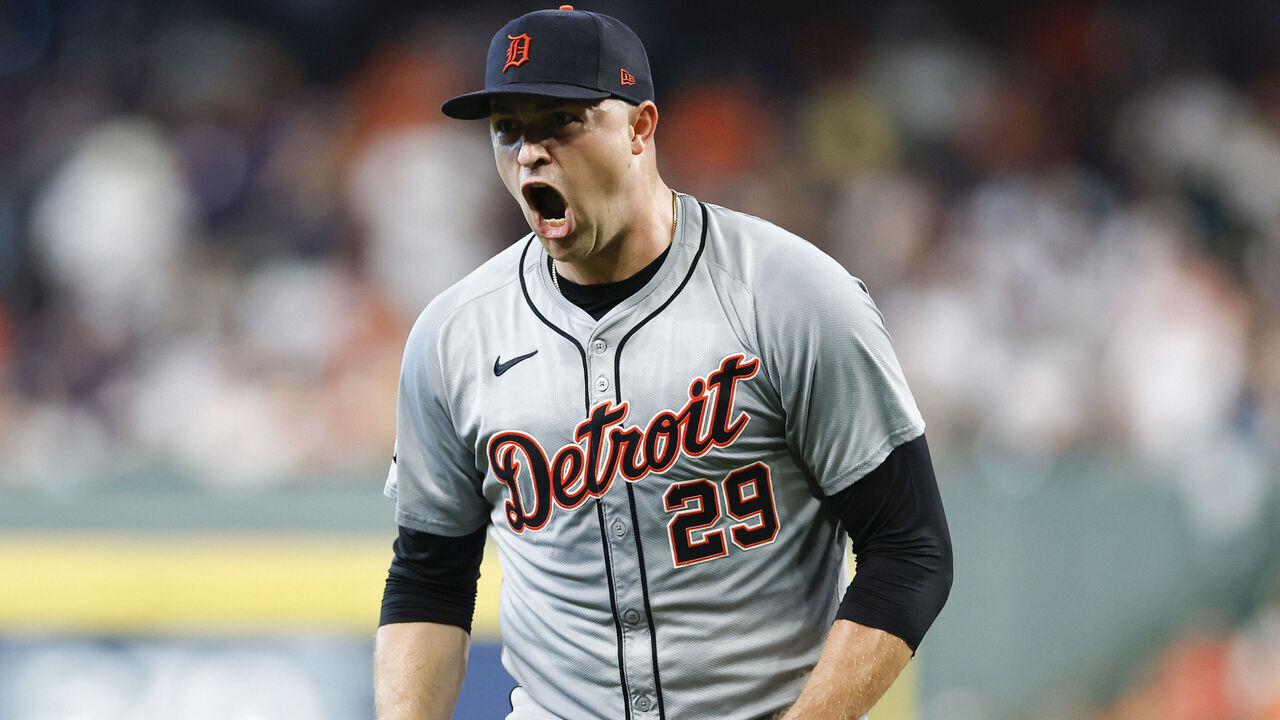 HOUSTON, TEXAS - OCTOBER 01: Tarik Skubal #29 of the Detroit Tigers reacts after recording a strikeout against the Houston Astros to end the fourth inning during Game One of the Wild Card Series at Minute Maid Park on October 01, 2024 in Houston, Texas.