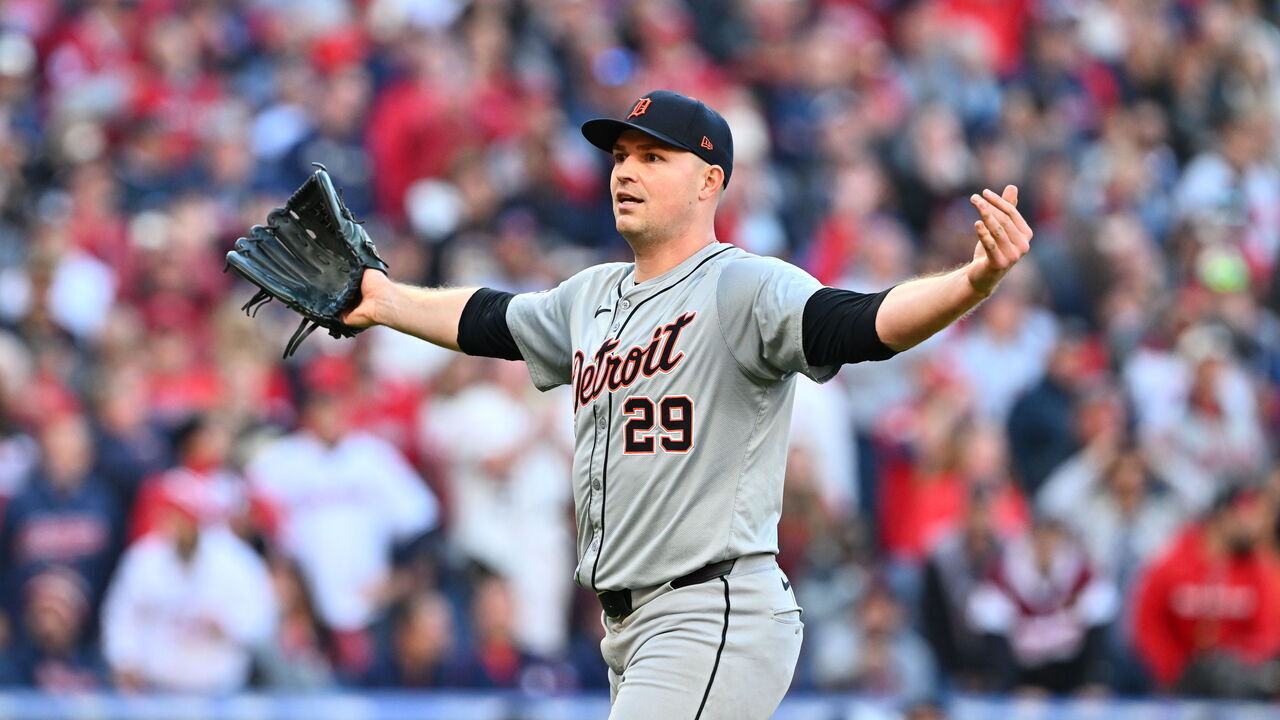 CLEVELAND, OHIO - OCTOBER 07: Tarik Skubal #29 of the Detroit Tigers reacts in the sixth inning against the Cleveland Guardians during Game Two of the Division Series at Progressive Field on October 07, 2024 in Cleveland, Ohio.