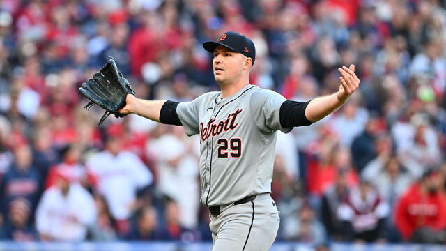 CLEVELAND, OHIO - OCTOBER 07: Tarik Skubal #29 of the Detroit Tigers reacts in the sixth inning against the Cleveland Guardians during Game Two of the Division Series at Progressive Field on October 07, 2024 in Cleveland, Ohio.
