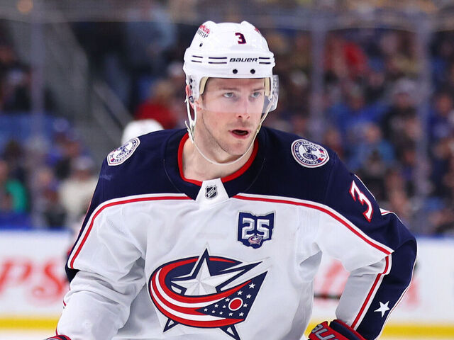 BUFFALO, NEW YORK - APRIL 09: Charlie Coyle #3 of the Columbus Blue Jackets skates against the Buffalo Sabres during an NHL game on April 09, 2026 at KeyBank Center in Buffalo, New York.
