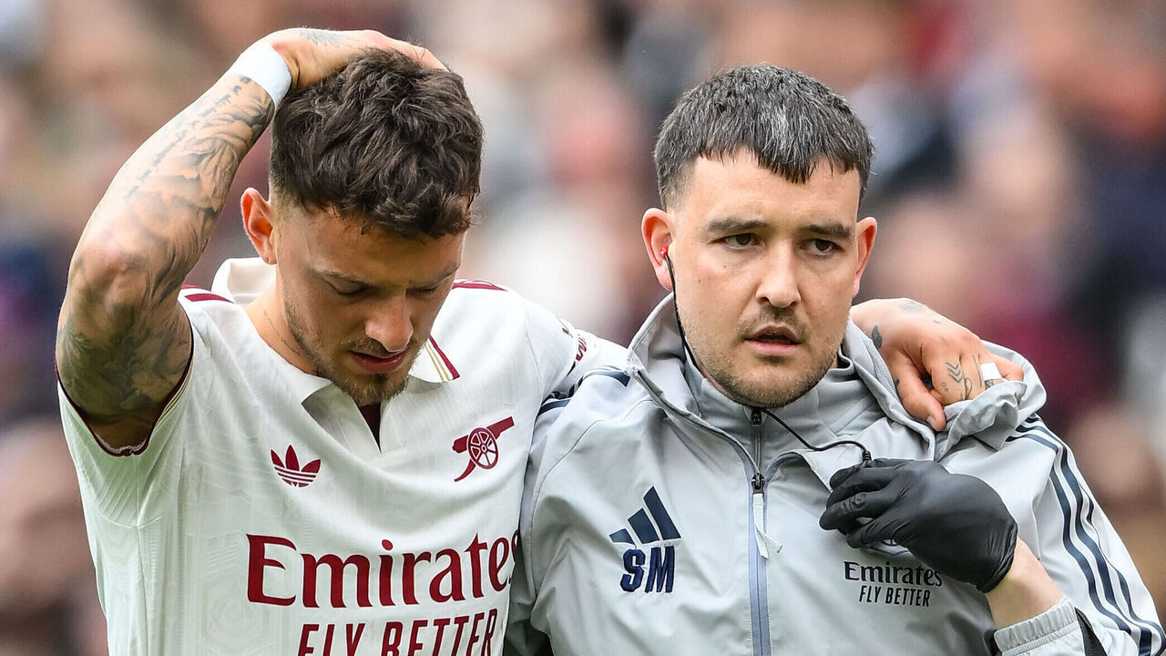 Ben White of Arsenal FC is injured and assisted off the field by the medical team during the Premier League match between West Ham United and Arsenal at the London Stadium in Stratford, United Kingdom, on May 10, 2026.