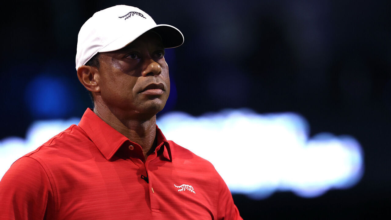 PALM BEACH GARDENS, FLORIDA - MARCH 24: Tiger Woods of Jupiter Links Golf Club looks on during the match against the Los Angeles Golf Club at SoFi Center on March 24, 2026 in Palm Beach Gardens, Florida.