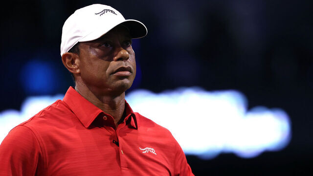 PALM BEACH GARDENS, FLORIDA - MARCH 24: Tiger Woods of Jupiter Links Golf Club looks on during the match against the Los Angeles Golf Club at SoFi Center on March 24, 2026 in Palm Beach Gardens, Florida.