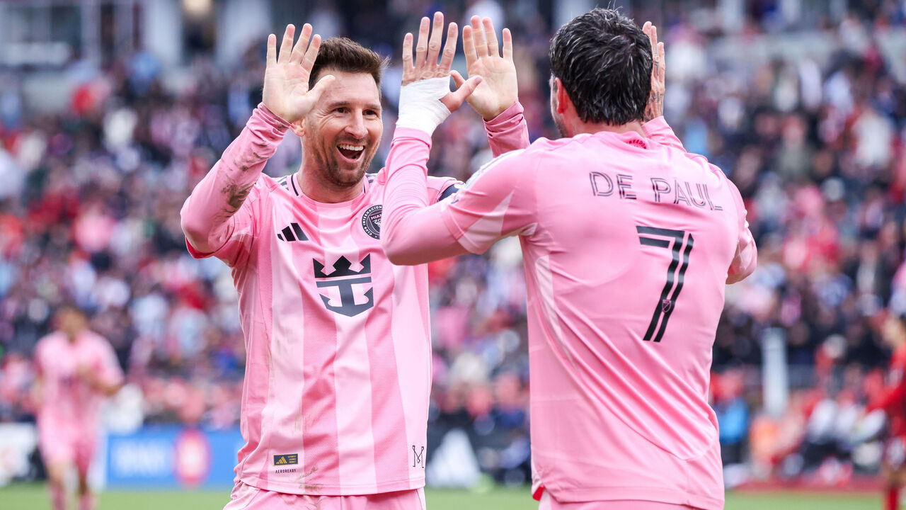 Lionel Messi (left) celebrates his goal with Rodrigo De Paul (right) during a Major League Soccer game between Toronto FC and Inter Miami at BMO Field in Toronto, Ontario, Canada, on May 9, 2026.