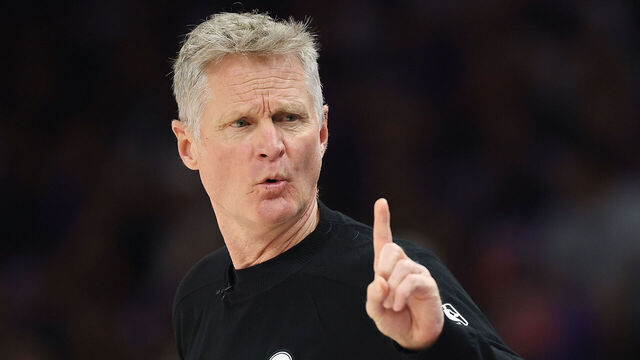 PHOENIX, ARIZONA - APRIL 17: Head coach Steve Kerr of the Golden State Warriors reacts during the first half of an NBA play-in tournament game at Mortgage Matchup Center on April 17, 2026 in Phoenix, Arizona.