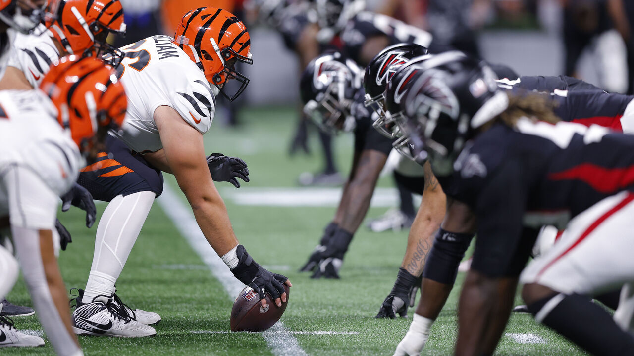 ATLANTA, GEORGIA - AUGUST 18: The Cincinnati Bengals offense lines up against the Atlanta Falcons defense during the fourth quarter of a preseason game at Mercedes-Benz Stadium on August 18, 2023 in Atlanta, Georgia.