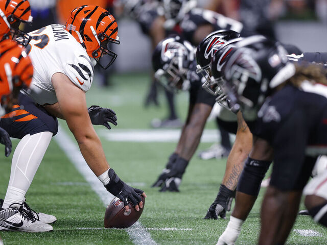 ATLANTA, GEORGIA - AUGUST 18: The Cincinnati Bengals offense lines up against the Atlanta Falcons defense during the fourth quarter of a preseason game at Mercedes-Benz Stadium on August 18, 2023 in Atlanta, Georgia.