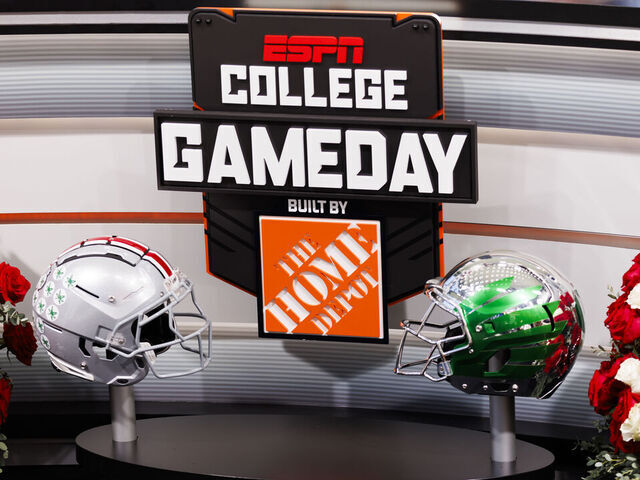 PASADENA, CALIFORNIA - JANUARY 1: A detail view of ESPN College GameDay logo on set before the Rose Bowl between Ohio State Buckeyes and Oregon Ducks at Rose Bowl Stadium on January 1, 2025 in Pasadena, California.