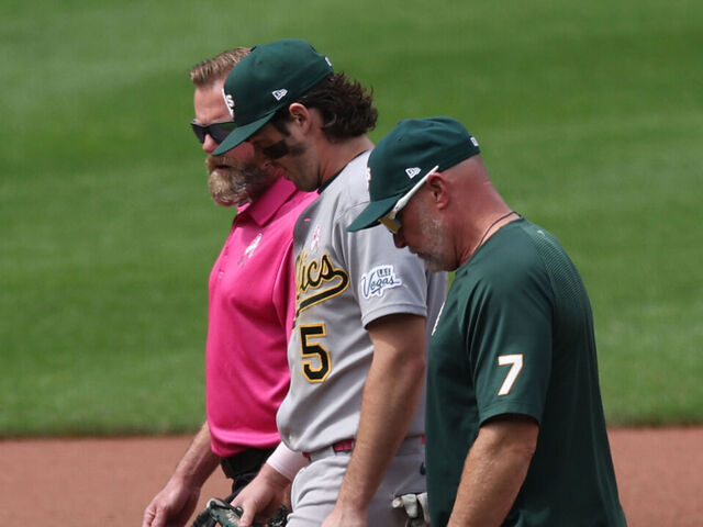 BALTIMORE, MARYLAND - MAY 10: Jacob Wilson #5 of the Athletics leaves the game injured against the Baltimore Orioles at Oriole Park at Camden Yards on May 10, 2026 in Baltimore, Maryland.