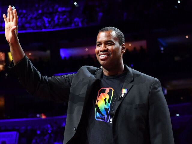 PHILADELPHIA, PA - FEBRUARY 20: Former NBA Player, Jason Paul Collins, rings the bell prior to a game between the Brooklyn Nets and the Philadelphia 76ers on February 20, 2020 at the Wells Fargo Center in Philadelphia, Pennsylvania NOTE TO USER: User expressly acknowledges and agrees that, by downloading and/or using this Photograph, user is consenting to the terms and conditions of the Getty Images License Agreement. Mandatory Copyright Notice: Copyright 2020 NBAE