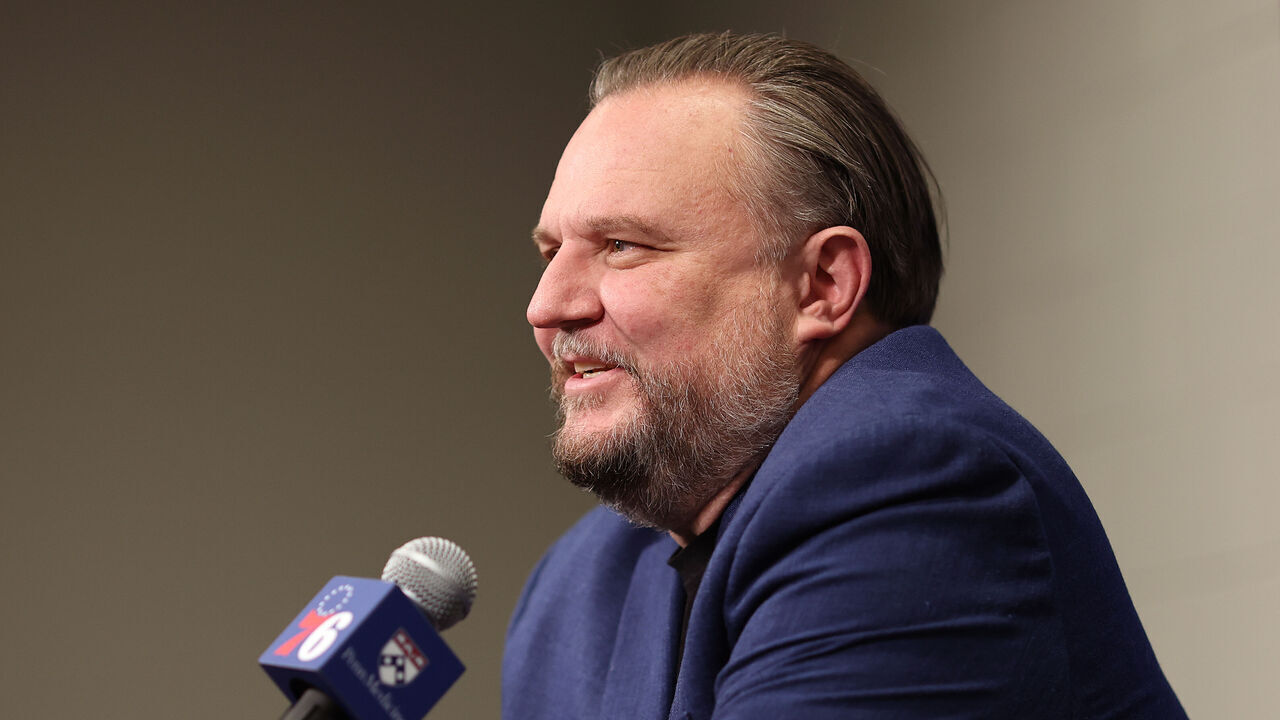 PHILADELPHIA, PENNSYLVANIA - DECEMBER 15: President of basketball operations Daryl Morey of the Philadelphia Flyers participates in a press conference before a game between the Philadelphia Flyers and the Washington Capitals at the Wells Fargo Center on December 15, 2023 in Philadelphia, Pennsylvania.