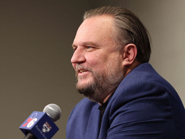 PHILADELPHIA, PENNSYLVANIA - DECEMBER 15: President of basketball operations Daryl Morey of the Philadelphia Flyers participates in a press conference before a game between the Philadelphia Flyers and the Washington Capitals at the Wells Fargo Center on December 15, 2023 in Philadelphia, Pennsylvania.