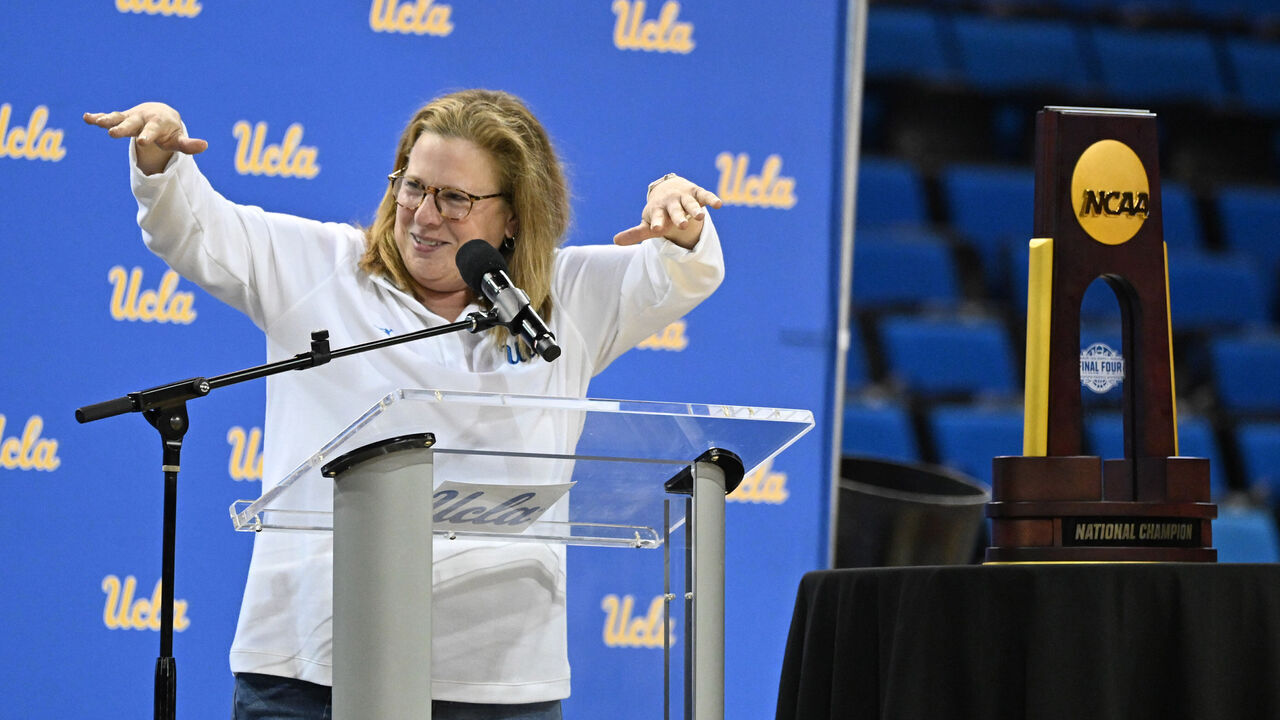 Los Angeles, CA - April 08: Head coach Cori Close reacts during a celebration to commemorate the UCLA women's basketball program's first NCAA championship at Pauley Pavilion on the campus of UCLA in Los Angeles on Wednesday, April 8, 2026.
