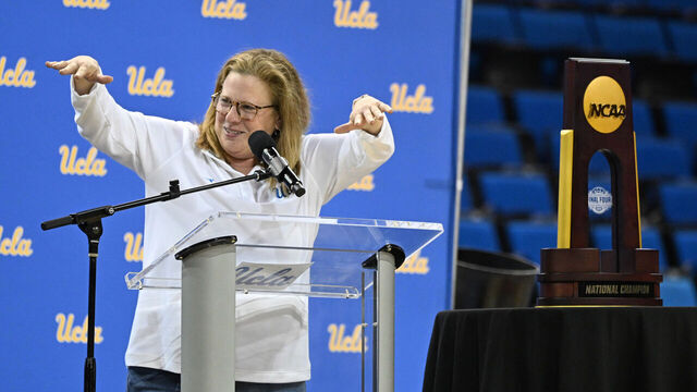 Los Angeles, CA - April 08: Head coach Cori Close reacts during a celebration to commemorate the UCLA women's basketball program's first NCAA championship at Pauley Pavilion on the campus of UCLA in Los Angeles on Wednesday, April 8, 2026.