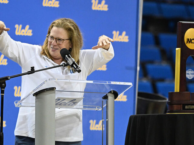 Los Angeles, CA - April 08: Head coach Cori Close reacts during a celebration to commemorate the UCLA women's basketball program's first NCAA championship at Pauley Pavilion on the campus of UCLA in Los Angeles on Wednesday, April 8, 2026.