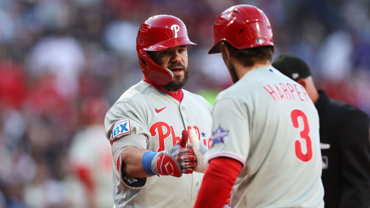 BOSTON, MA - MAY 12: Kyle Schwarber #12 of the Philadelphia Phillies celebrates with Bryce Harper #3 after hitting a solo home run in the first inning during the game between the Philadelphia Phillies and the Boston Red Sox at Fenway Park on Tuesday, May 12, 2026 in Boston, Massachusetts.