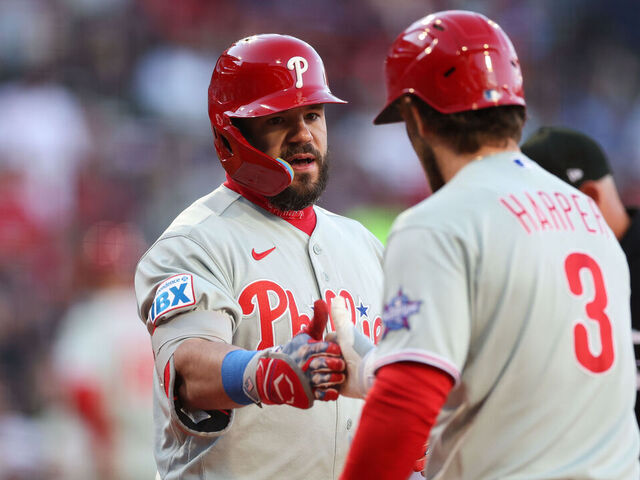 BOSTON, MA - MAY 12: Kyle Schwarber #12 of the Philadelphia Phillies celebrates with Bryce Harper #3 after hitting a solo home run in the first inning during the game between the Philadelphia Phillies and the Boston Red Sox at Fenway Park on Tuesday, May 12, 2026 in Boston, Massachusetts.