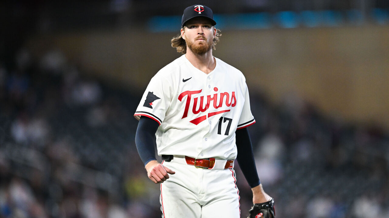 MINNEAPOLIS, MINNESOTA - MAY 12: Bailey Ober #17 of the Minnesota Twins reacts after throwing a strikeout pitch against the Miami Marlins during the eighth inning of the game at Target Field on May 12, 2026 in Minneapolis, Minnesota.