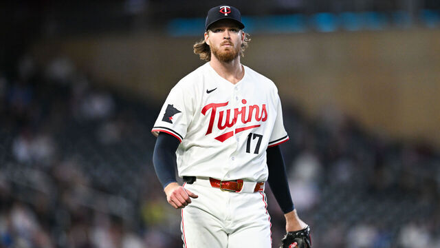 MINNEAPOLIS, MINNESOTA - MAY 12: Bailey Ober #17 of the Minnesota Twins reacts after throwing a strikeout pitch against the Miami Marlins during the eighth inning of the game at Target Field on May 12, 2026 in Minneapolis, Minnesota.