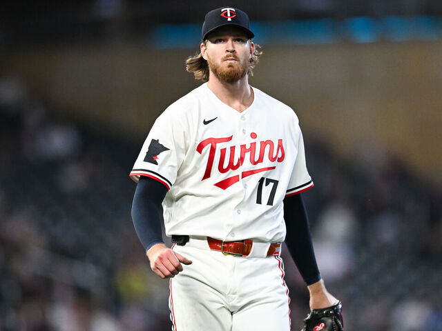 MINNEAPOLIS, MINNESOTA - MAY 12: Bailey Ober #17 of the Minnesota Twins reacts after throwing a strikeout pitch against the Miami Marlins during the eighth inning of the game at Target Field on May 12, 2026 in Minneapolis, Minnesota.