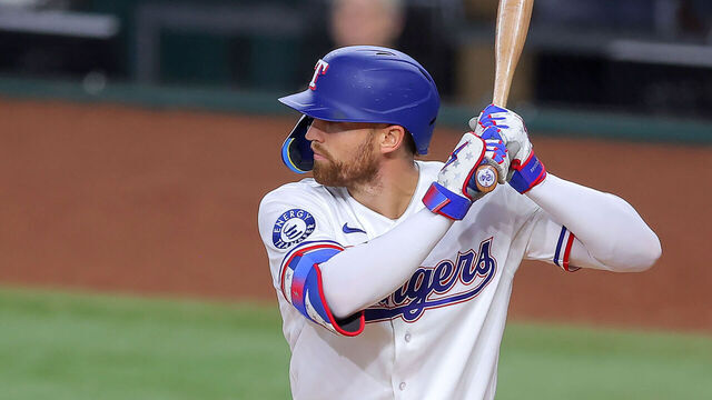ARLINGTON, TX - MAY 11: Texas Rangers right fielder Brandon Nimmo waits for a pitch during the game between the Arizona Diamondbacks and the Texas Rangers on May 11, 2026 at Globe Life Field in Arlington,Texas.