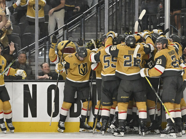 LAS VEGAS, NEVADA - MAY 12: Pavel Dorofeyev #16 of the Vegas Golden Knights celebrates with teammates after scoring the game-winning goal in overtime to defeat the Anaheim Ducks in Game Five of the Second Round of the 2026 Stanley Cup Playoffs at T-Mobile Arena on May 12, 2026 in Las Vegas, Nevada.