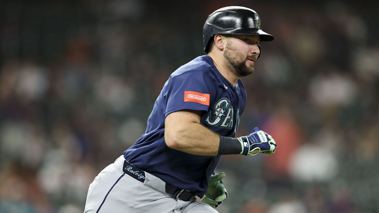 HOUSTON, TX - MAY 11: Cal Raleigh #29 of the Seattle Mariners runs to first during the game between the Seattle Mariners and the Houston Astros at Daikin Park on Monday, May 11, 2026 in Houston, Texas.