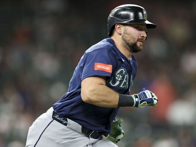 HOUSTON, TX - MAY 11: Cal Raleigh #29 of the Seattle Mariners runs to first during the game between the Seattle Mariners and the Houston Astros at Daikin Park on Monday, May 11, 2026 in Houston, Texas.