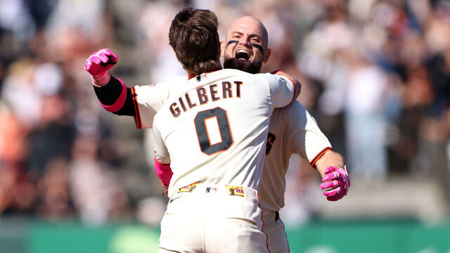 SAN FRANCISCO, CALIFORNIA - MAY 10: Drew Gilbert #0 of the San Francisco Giants embraces Jesus Rodriguez #79 of the San Francisco Giants after Rodriguez walk off single during the 12th inning against the Pittsburgh Pirates at Oracle Park on May 10, 2026 in San Francisco, California.
