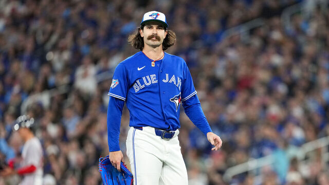 TORONTO, ON - APRIL 27: Dylan Cease #84 of the Toronto Blue Jays leaves the field in the second inning during the game between the Boston Red Sox and the Toronto Blue Jays at Rogers Centre on Monday, April 27, 2026 in Toronto, Ontario, Canada.