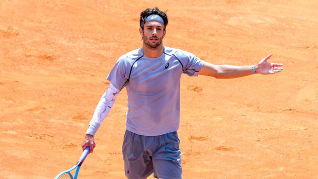 Lorenzo Musetti of Italy reacts during a match at the Internazionali BNL d'Italia 2026 tennis tournament at Foro Italico. Rome (Italy), May 012th, 2026