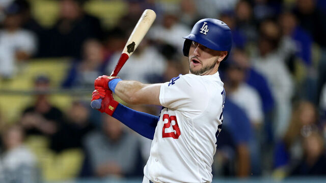 LOS ANGELES, CALIFORNIA - APRIL 10: Kyle Tucker #23 of the Los Angeles Dodgers hits a double during the seventh inning in an 8-7 Dodgers win at Dodger Stadium on April 10, 2026 in Los Angeles, California.