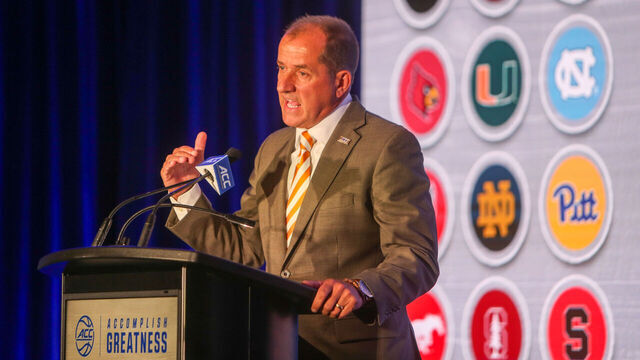 CHARLOTTE, NORTH CAROLINA - OCTOBER 7: The ACC Commissioner Jim Phillips addresses the media during ACC Basketball Media Day Tip Off event at Hilton Charlotte Uptown on October 7, 2025 in Charlotte, North Carolina.
