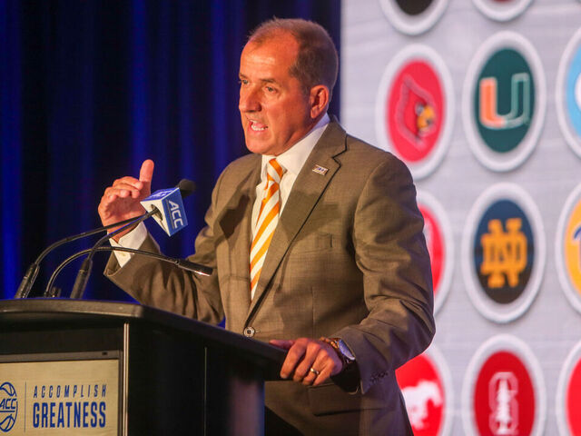 CHARLOTTE, NORTH CAROLINA - OCTOBER 7: The ACC Commissioner Jim Phillips addresses the media during ACC Basketball Media Day Tip Off event at Hilton Charlotte Uptown on October 7, 2025 in Charlotte, North Carolina.