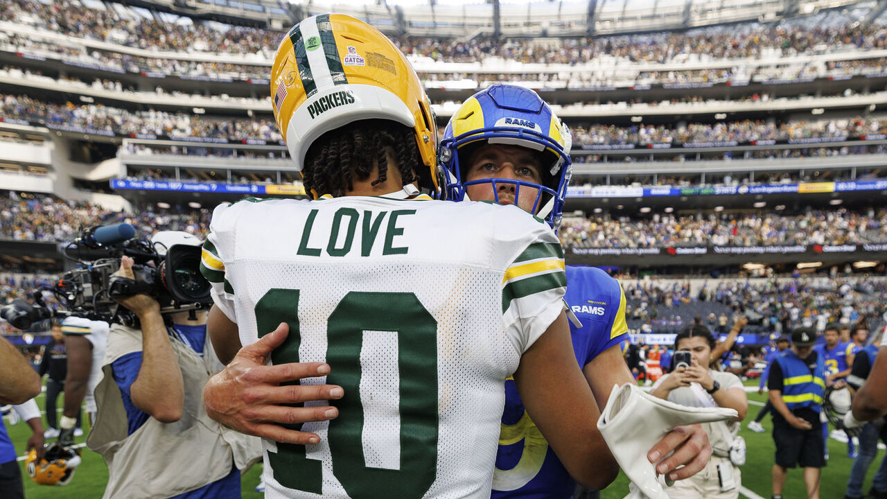 INGLEWOOD, CA - OCTOBER 6: Quarterback Jordan Love #10 of the Green Bay Packers and Quarterback Matthew Stafford #9 of the Los Angeles Rams interact after an NFL football game at SoFi Stadium on October 6, 2024 in Inglewood, California.